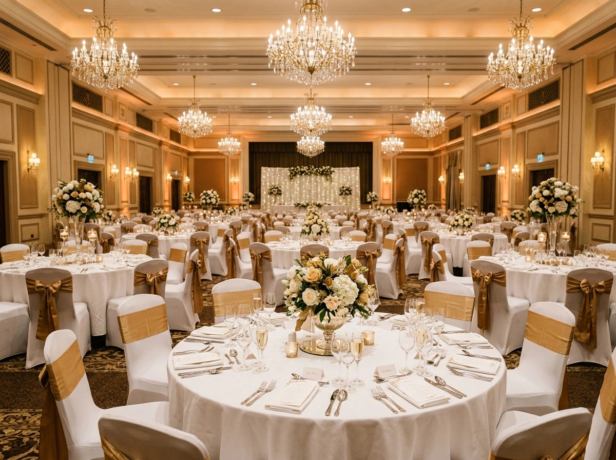 Banquet hall dressed in white and gold under crystal chandeliers